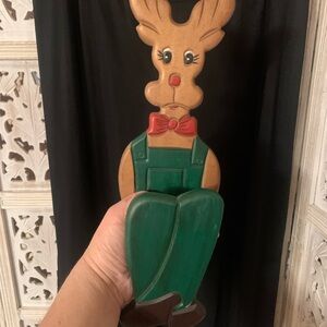 Vintage Shelf Sitter Wooden Reindeer with Green Overalls and Red Bow